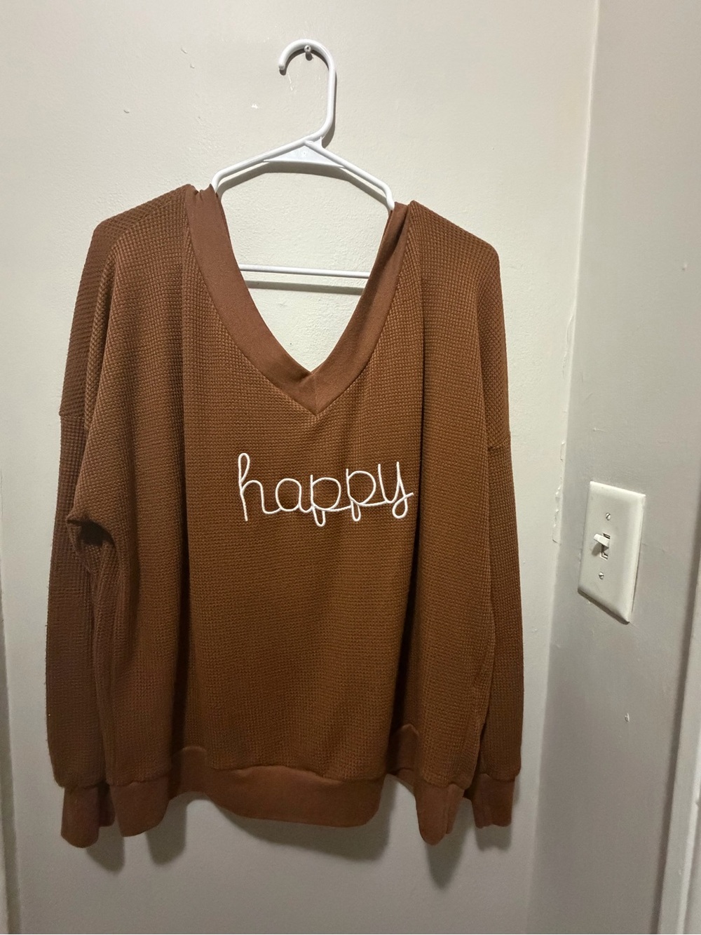 Happy Embroidered V-Neck Waffle Knit Sweater - Brown